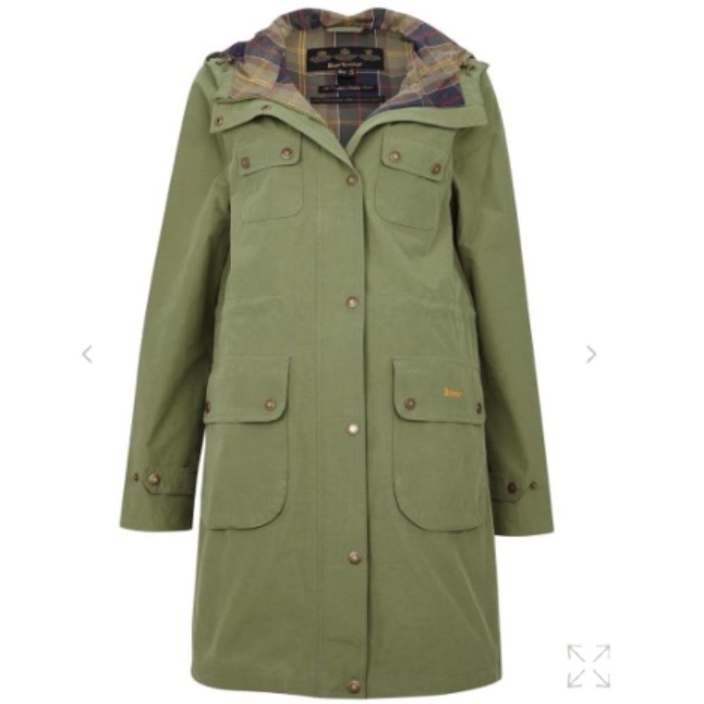 BARBOUR Idris Waterproof Jacket Long Hooded Lined Tartan 12 NWT Bayleaf Green
